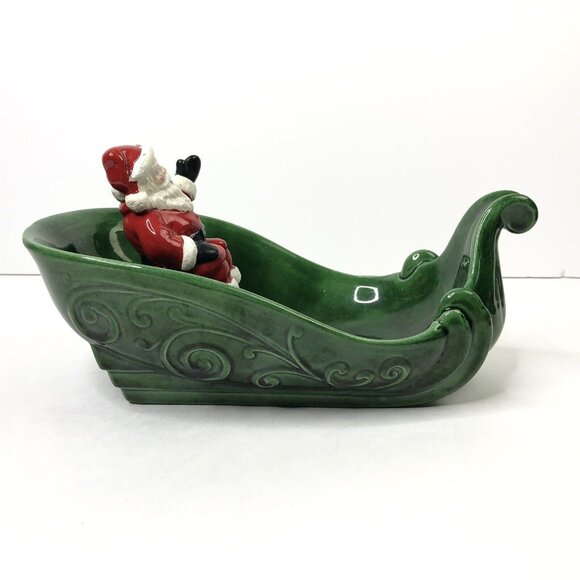 VTG 70s Atlantic Mold Ceramic Santa in Sleigh Christmas Candy Dish Centerpiece - Picture 5 of 11
